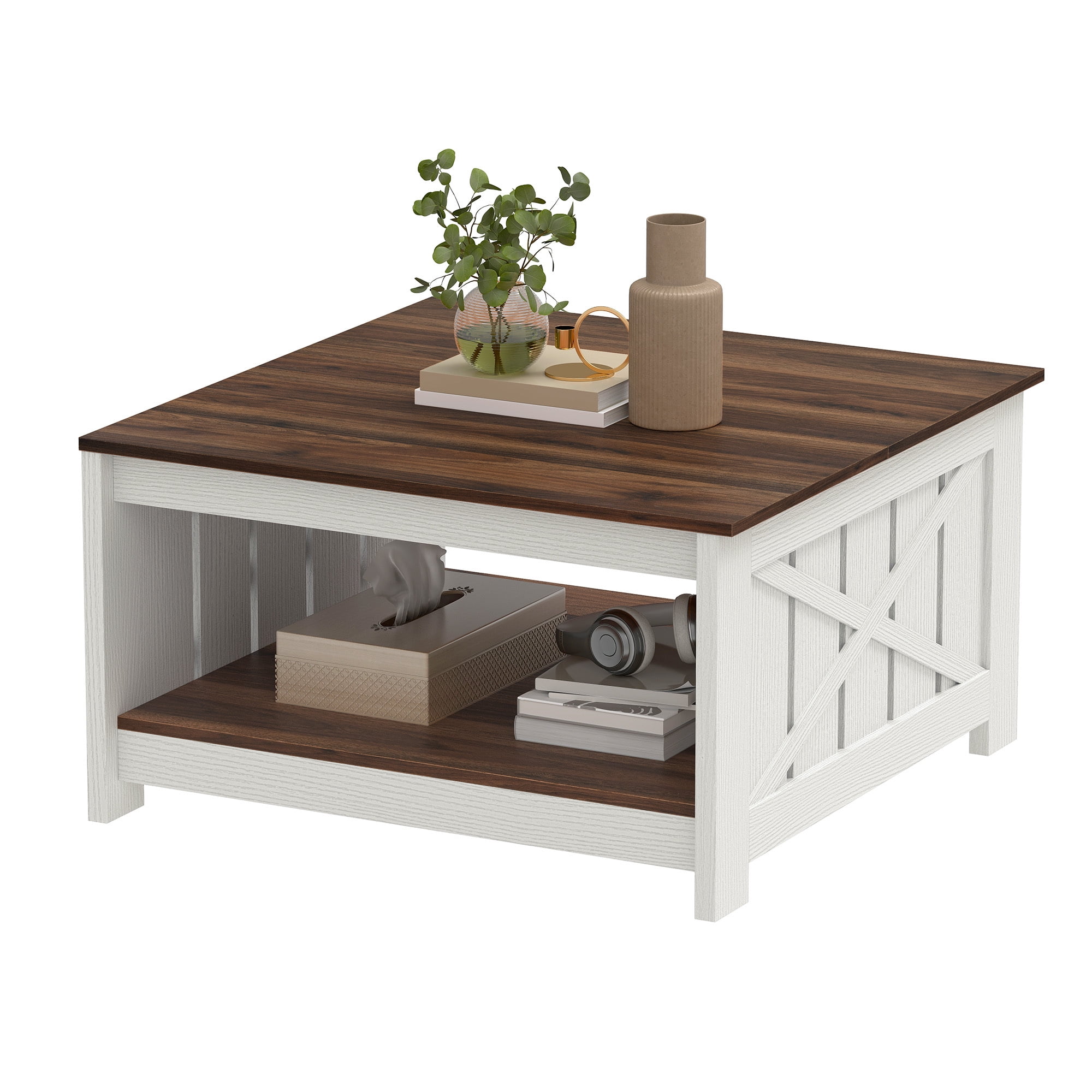 Uforic Rustic Farmhouse Coffee Table with Half-Open Storage, Square Rustic Wood Cocktail Table for Living Room, Brown with White