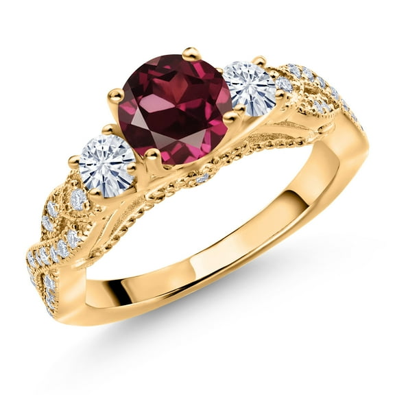 Gem Stone King 18K Yellow Gold Plated Silver Red Rhodolite Garnet and White Moissanite Engagement Ring for Women (1.47 Cttw, Gemstone January Birthstone, Round 6MM and 3MM, Size 8)