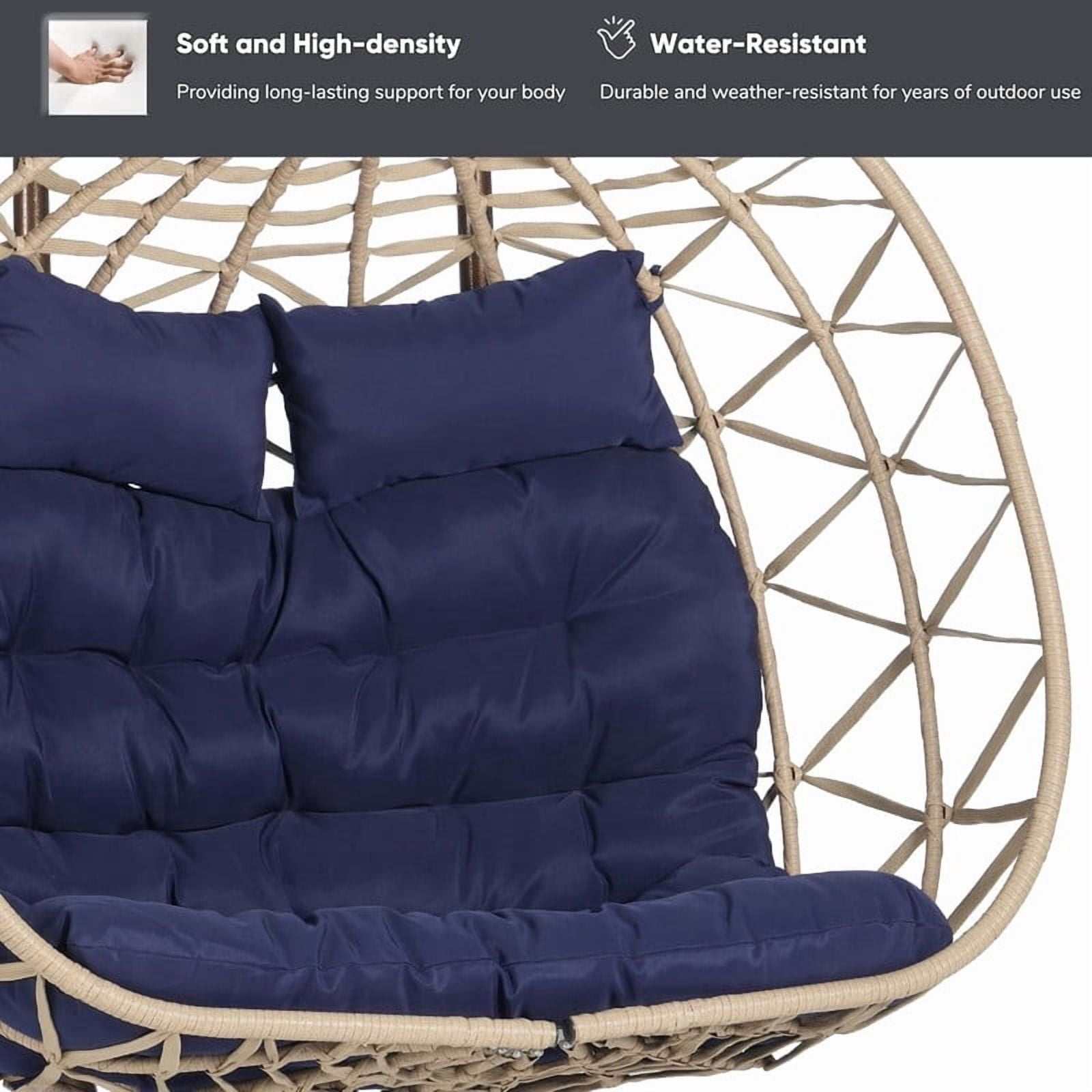 Double Swing Egg Chair with Stand,2 Person Indoor Outdoor Wicker Loveseat, Oversized Patio Hanging Basket Chair with Cushions, Cozy Sturdy Porch Swing for Backyard
