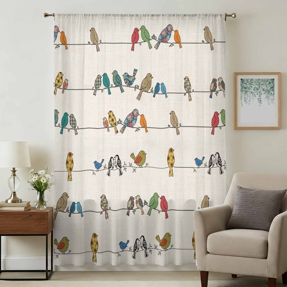 Beige Birds Sheer Curtains 84 Inches Long, Funny Cute Snowflake Wire Sparrow Rustic Light Filering Curtains, Breathable Simi Curtain Privacy Drapes for Living Room Lightweight Window Treatment