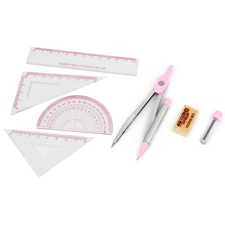 Unique Bargains Stationery Ruler Divider 7 in 1 Measuring Drafting Tool Set Pink Clear