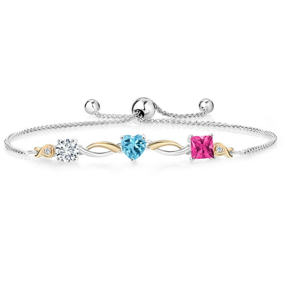 Gem Stone King 925 Silver and 10K Yellow Gold Swiss Blue Topaz Pink Mystic Topaz and Lab Grown Diamond Tennis Bracelet for Women By Keren Hanan (2.25 cttw, Adjustable up To 9 inch)