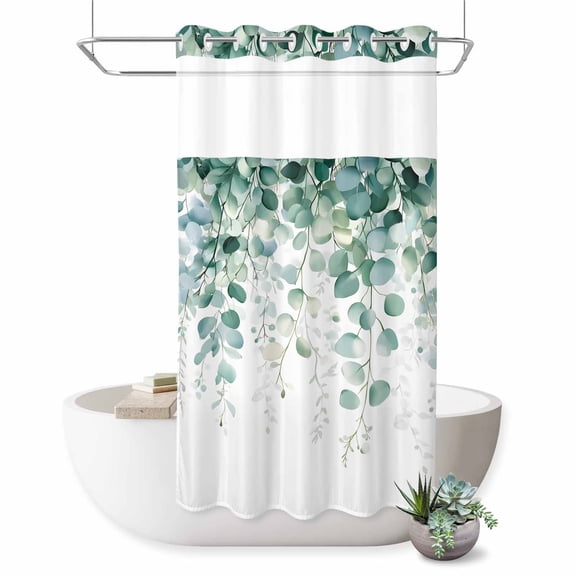 No Hook Shower Curtain, Eucalyptus Leaves Shower Curtains for Bathroom with See Through Top Window, Green Botanical Summer Spring Leaves Waterproof & Washable Bath Curtain Small Stall 36"x78"