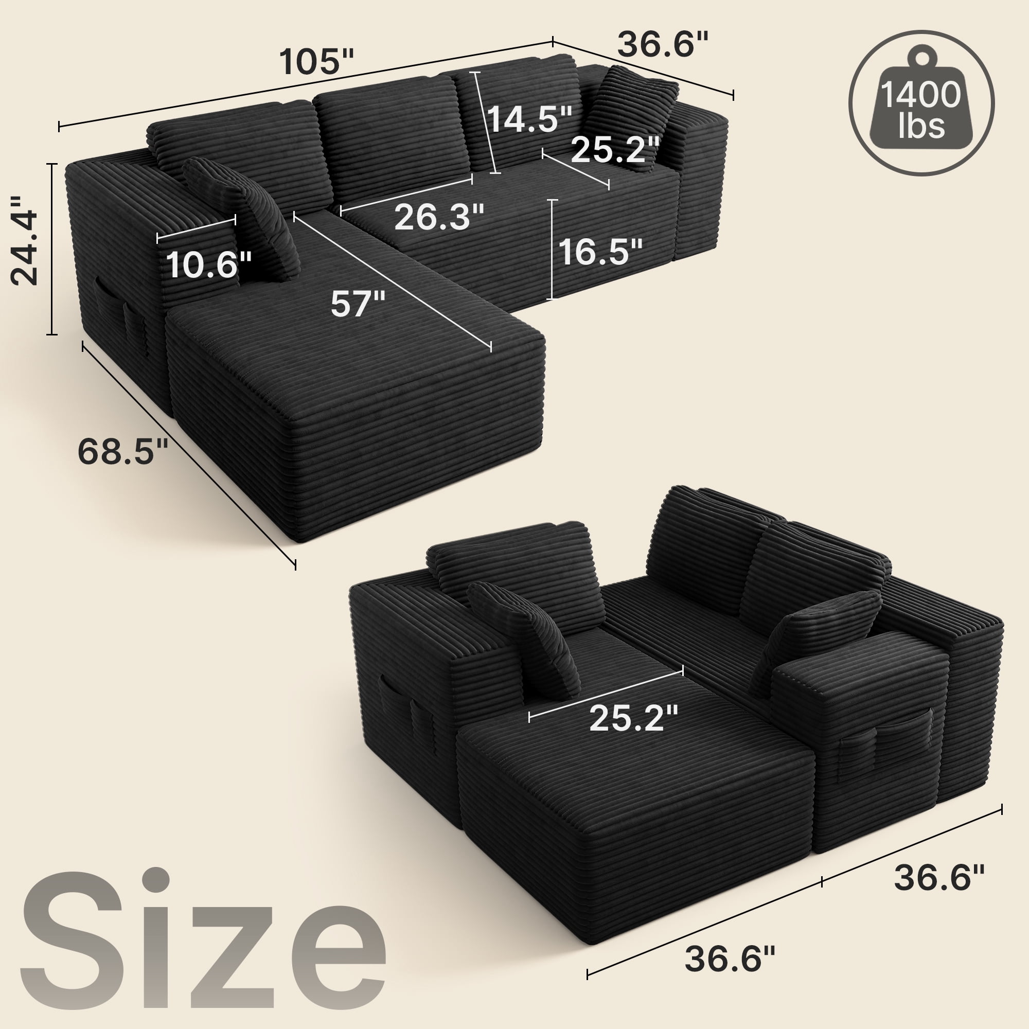 Sofa, Lofka 105" Free Assembly L-Shaped Sectional with Pet Friendly Corduroy Fabric, Black for Living Room/Apartment
