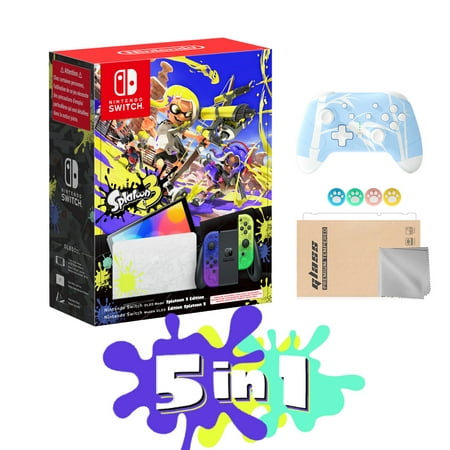 2022 Nintendo Switch OLED Splatoon 3 Limited Edition 5 in1 Bundle, Blue & Yellow Gradient Joy-Con 64GB Console, LAN-Port Graffiti-themed Dock, Mytrix Bamboo Wireless Pro Controller & Accessory