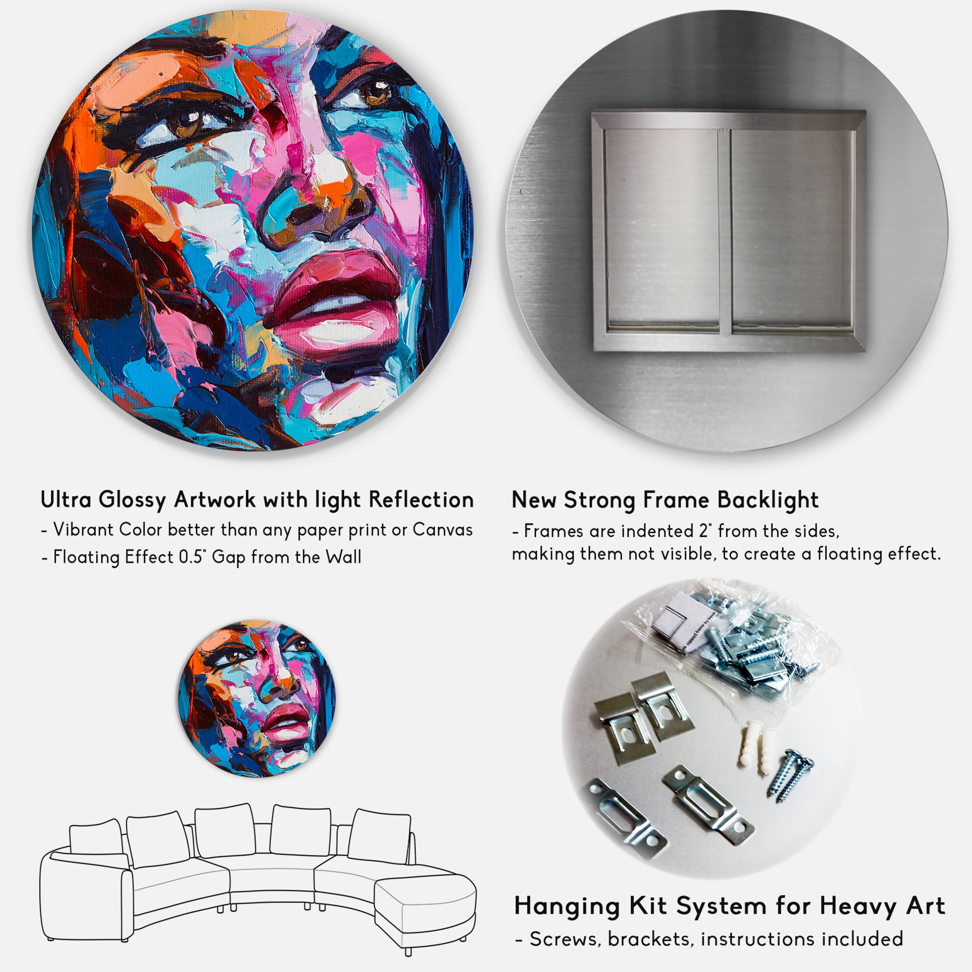 Designart 'Abstract Colorful Fantasy Portrait Of A Young Woman III' Modern Circle Metal Wall Art 29x29 - Disc of 29