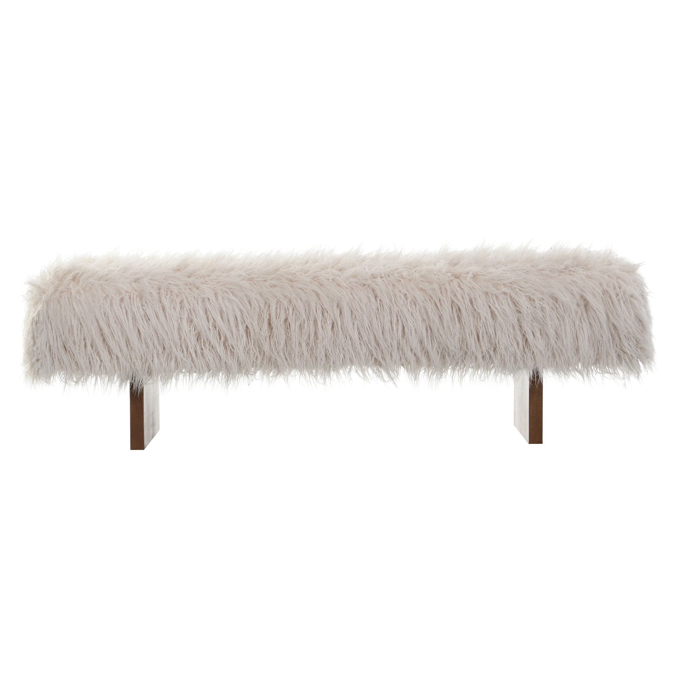Christopher Knight Home 67" Wooden Bench with Long-Haired Faux Wool Upholstery, 3-Person Seat, Brown+White