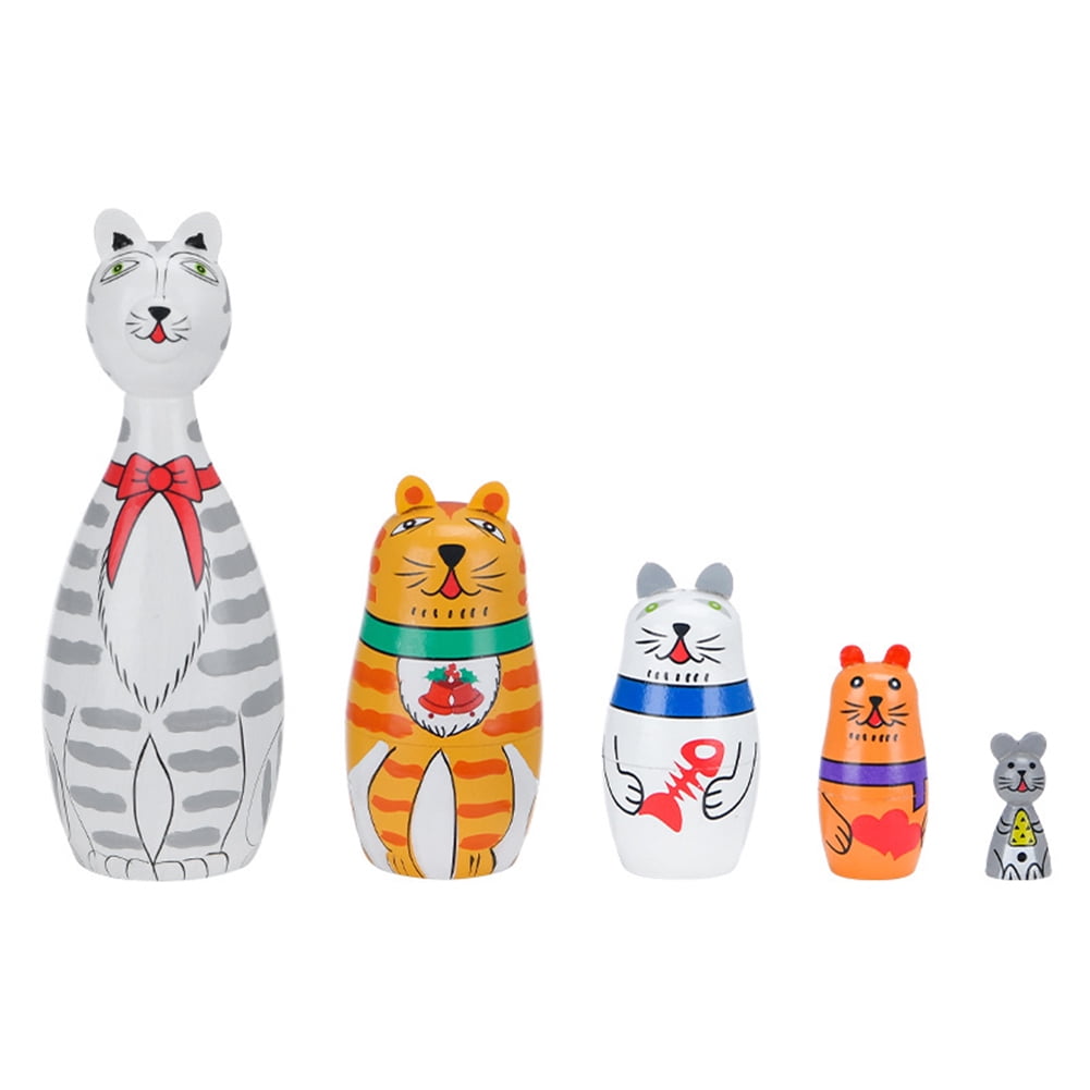 Set of 5 Cats Wooden Nesting Dolls Hand Painted Matryoshka Russian Gifts G 