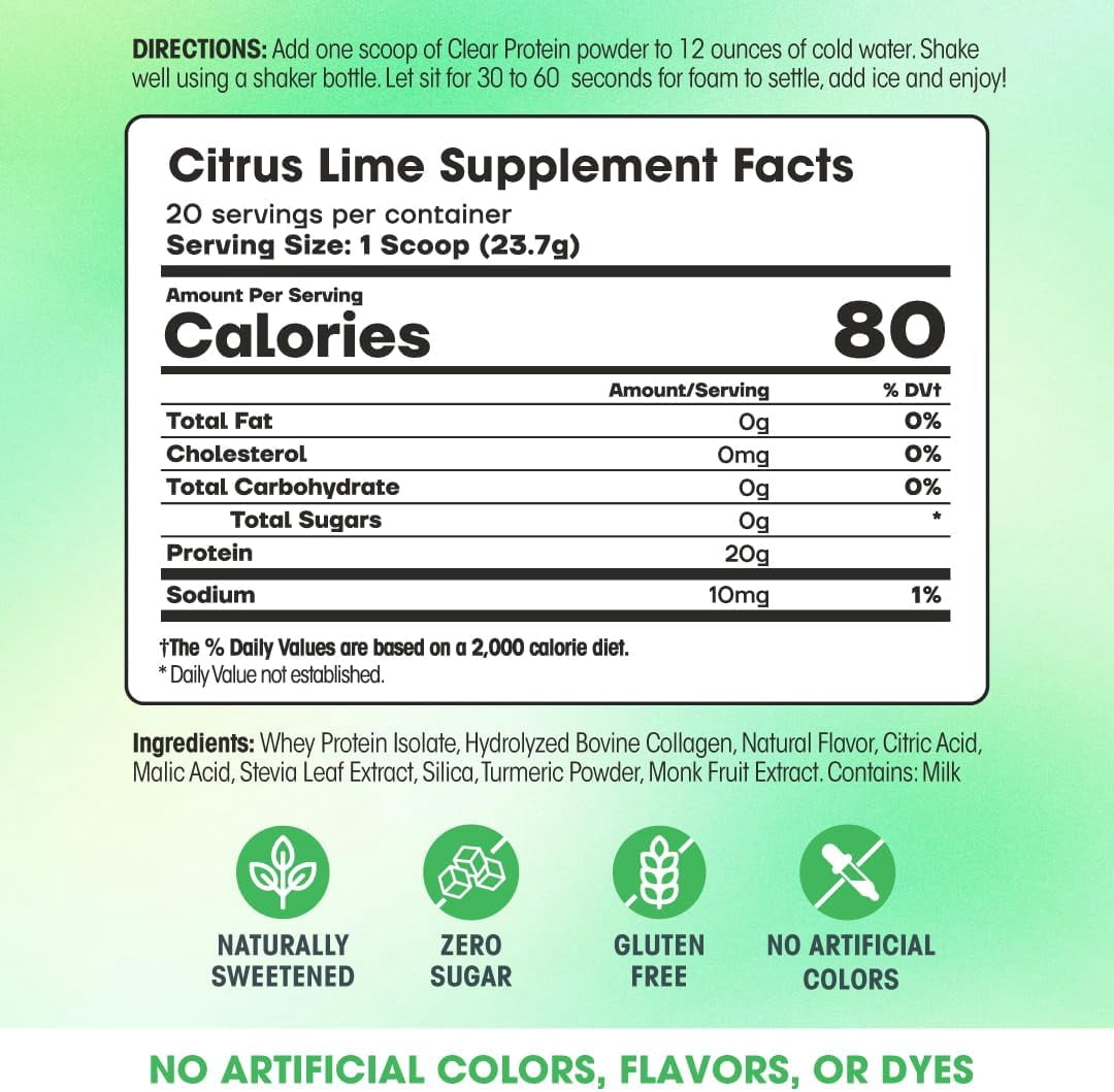 Fit & Lean Clear Protein Powder with Whey Isolate Protein and Collagen, Grass Fed, Muscle Recovery, GLP-1 Support, Citrus Lime, 20 Servings