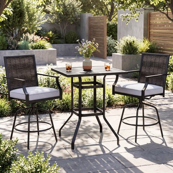 Costway 3 Pieces Outdoor Swivel Bar Set,High Top Patio Bar Table and Rattan Wicker Chair