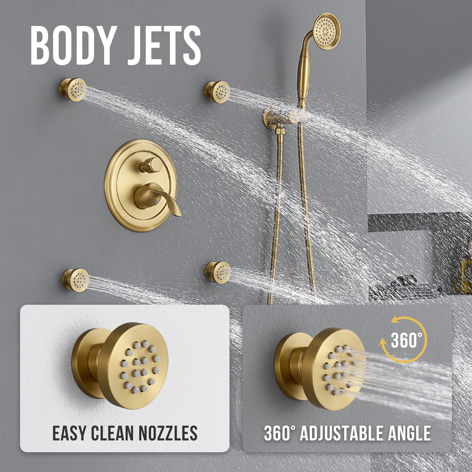 Brushed-Gold Antique Shower System with Jets: 9 inch Rain Faucet Sets Complete Wall Rainfall Head and Handheld Spray Fixtures Combo, 3 Way Diverter Brass Rough in Valve Trim Kit