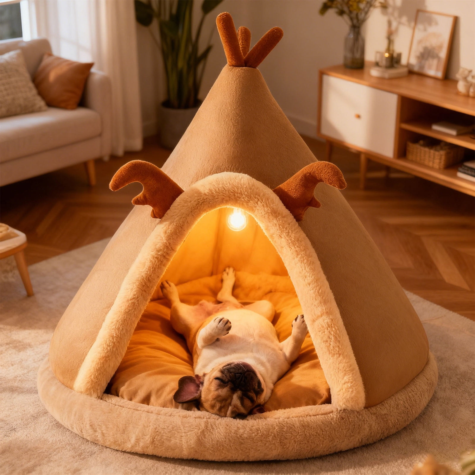 Deer Antler Teepee Pet Bed With Thick Cushion Cozy Cat Tent Bed For Indoor Small Animals(Brown-15In)