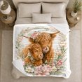 thumbnail image 5 of Cherished Highland Cattle Portrait Floral Wreath Pink Bow, Cozy Botanical Garden Scene, Warm Flannel Blanket for Ranch House and Living Room, Animal Lovers Thank You Gift, Artistic Home Decor, 5 of 9