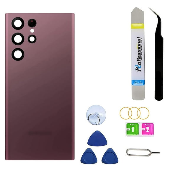Back Glass Replacement for Samsung Galaxy S22 Ultra 6.8 inch (Model SM-G908, All Carriers) – Includes Repair Tool Kit – (Burgundy)