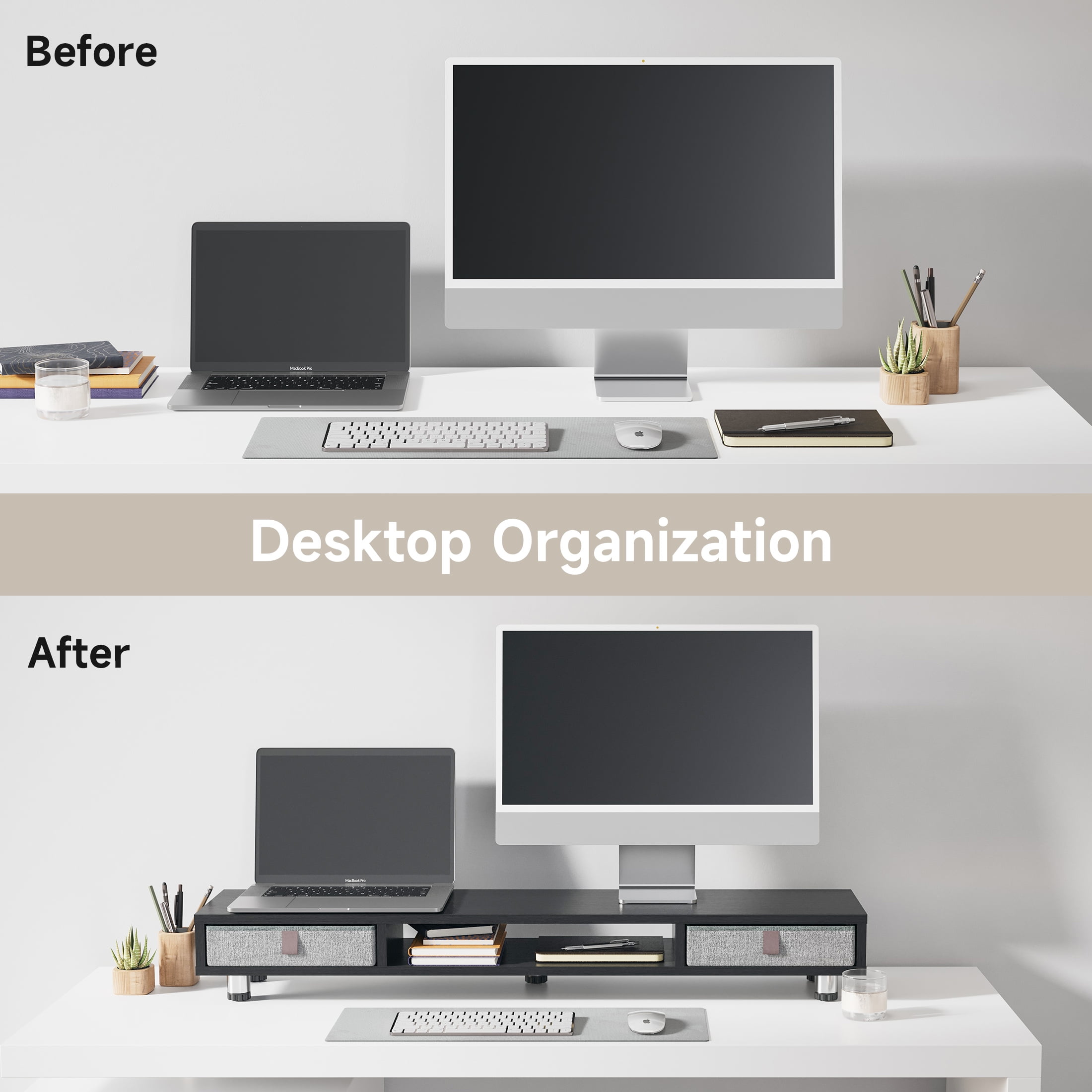 Fenge Monitor Stand, Dual Monitor Stand with 2 Drawers