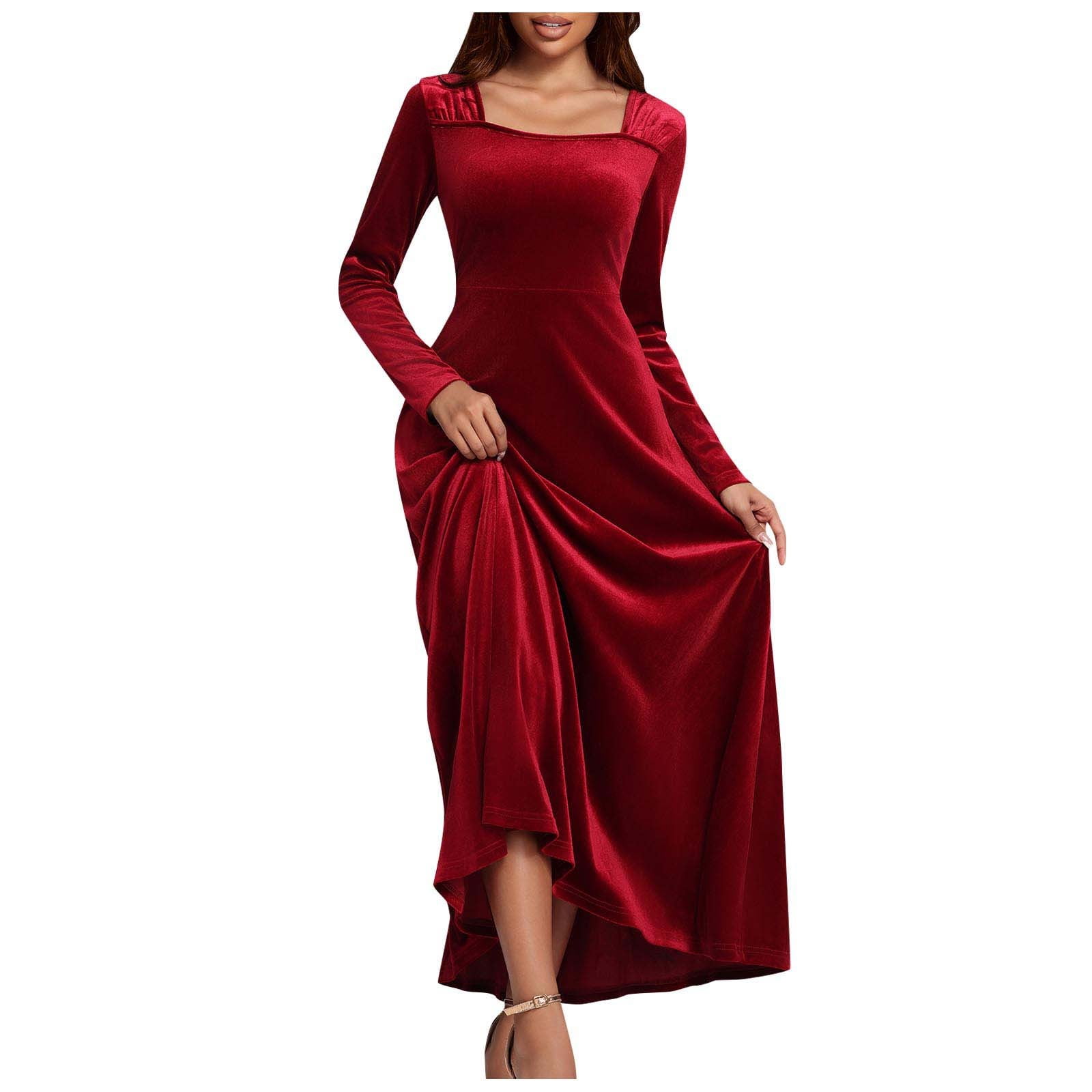 OSFVNOXV Vintage Velvet Dress for women Long Sleeve Square Neck Maxi Flowy Dress for Wedding Guest Evening