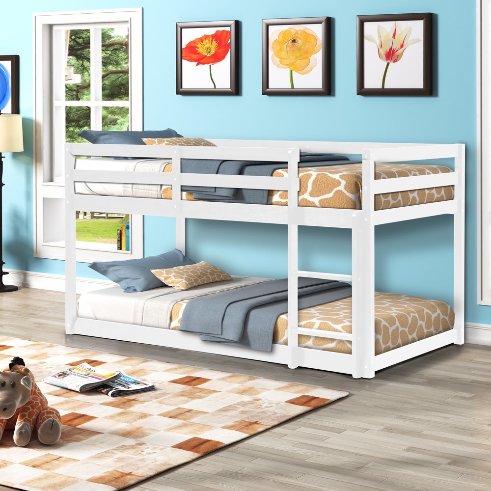 Junior Low Bunk Bed Frame, Wood Twin Over Twin Floor Bunk Bed with