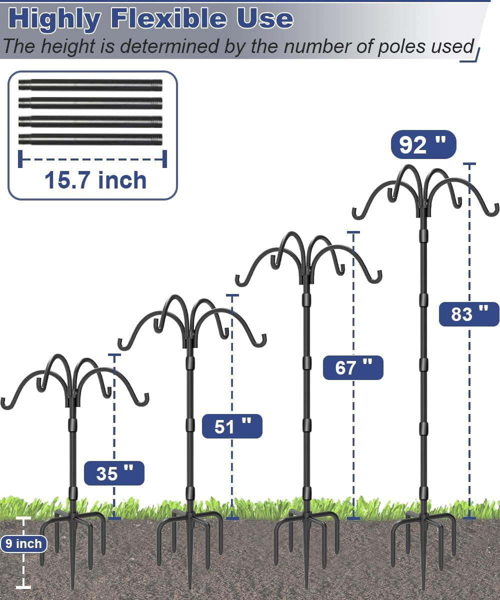 Upgrade 4-Hook Shepherds Hooks for Outdoor with Plastic Tube, 92" Heavy Duty Bird Feeder Pole with 5 Prongs Base, Adjustable Garden Hook for Solar Light, Hanging Plant, Wedding Decor, 2 Pack