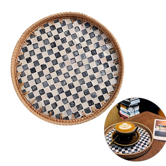 Round Rattan Tray with Mother of Pearl Inlay, Wicker Serving Tray for Coffee, Bread, Fruits, Decorative Table Decor for Kitchen Island, Home, Black Checkerboard, 11.8 Inch