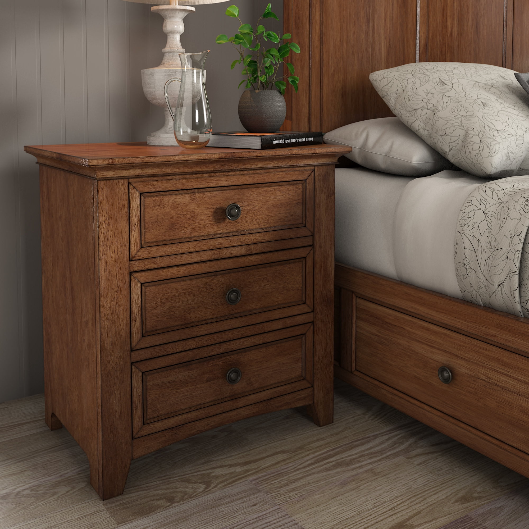 Weston Home Crestler Classic Nightstand with 3-Drawers & Charging Station, Oak