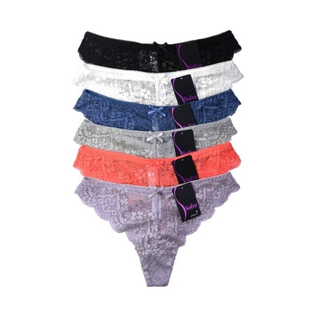 Low Rise Spandex Thongs 6 Pack of Women Sheer Sexy Floral Lace Mid Rise Thong Panties Checky Back Underwear Several Colors ()
