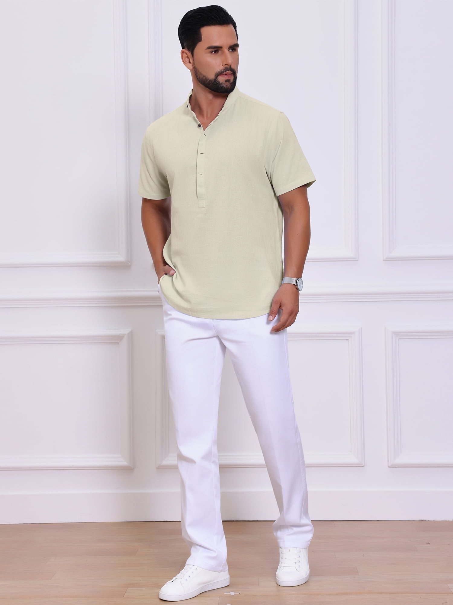 DARING DIVA Men's Casual Henley Band Collar Short Sleeve Summer Linen Shirts S Apricot