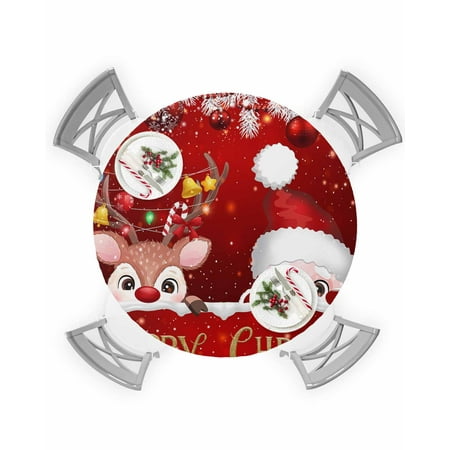 

Round Tablecloth with Elastic Christmas Ball Elk Santa Claus Winter Pine Leaves Waterproof Table Cover Wipeable Fitted Table Cloths for 36 -44 Round Tables Dining Kitchen Indoor Outdoor Use