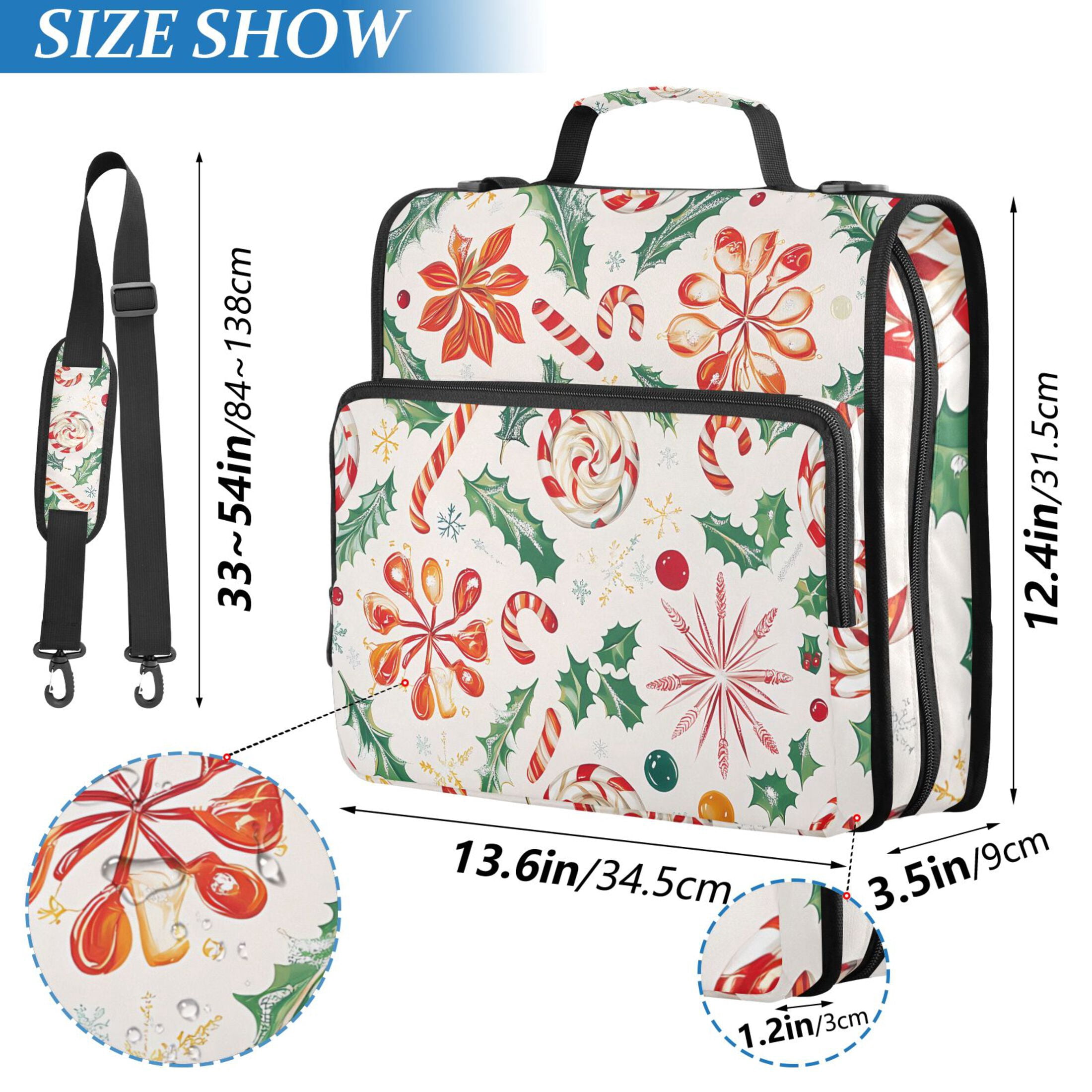 3 Ring Zipper Binder with Shoulder Strap Waterproof Trapper Keeper 2 Inch D-Ring 500 Sheets Capacity Christmas Candy Canes Holly Leaves