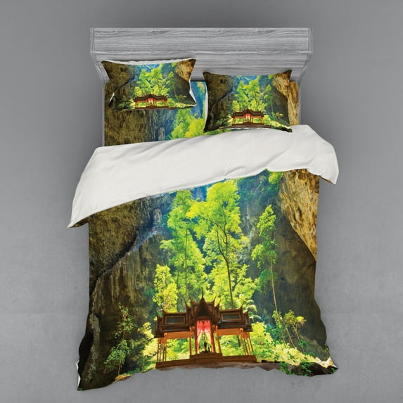 Ambesonne Nature Bedding Set 4 Pcs, Latent Pavillion Cliff, Queen, Multicolor