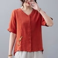 thumbnail image 4 of Summer Plus Size Shirts for Womens Cotton and Linen Spring Printed Casual Loose T-Shirt Short Sleeve V-Neck Embroidery Button Tops Cotton And Linen Blouse Gifts for Womens, 4 of 7