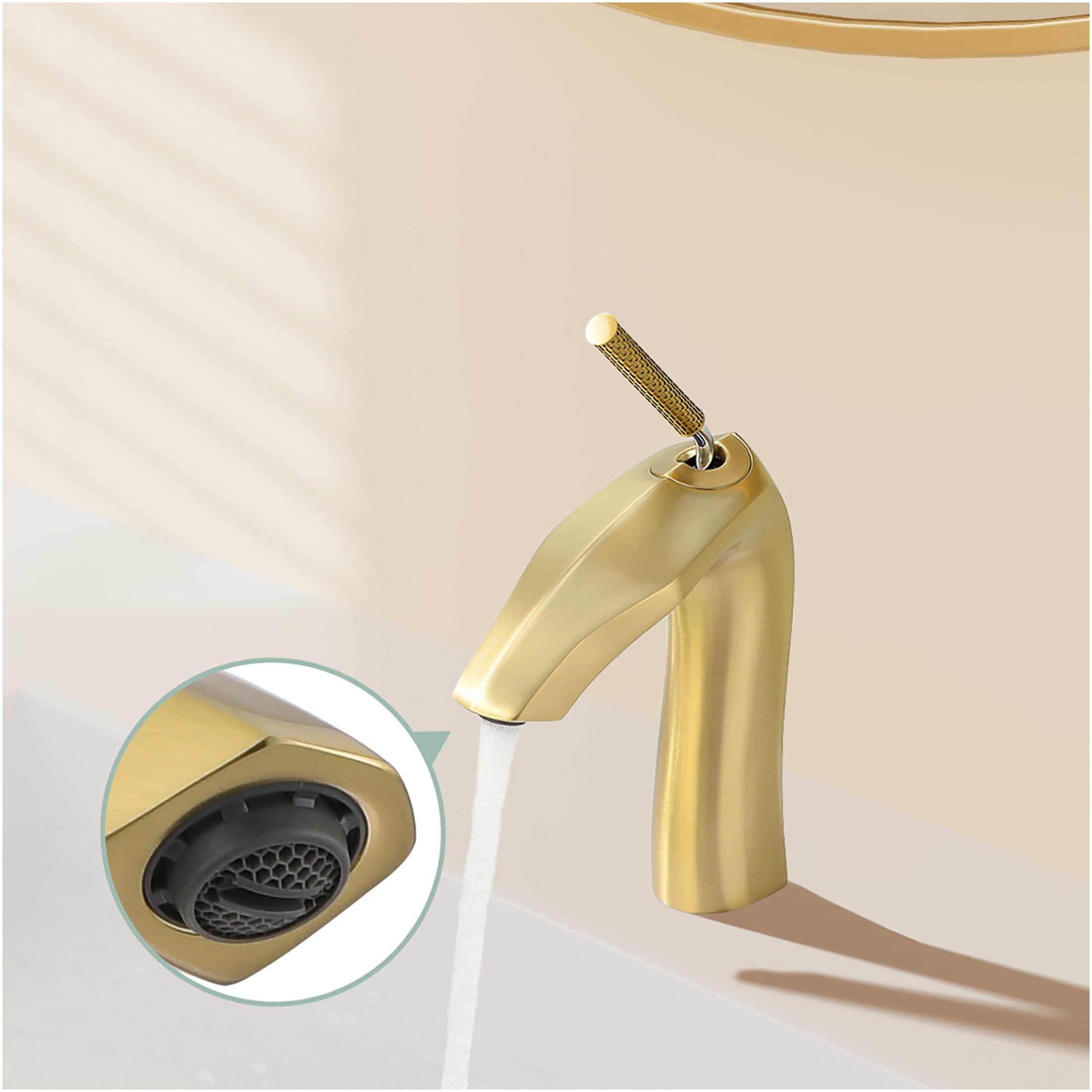 JERFIT Single Handle Bathroom Sink Faucet in Brushed Gold, 1.75 GPM Water-Saving, Deck Mount Single Hole Brass Vessel Lavatory Faucet with Aerated Flow