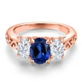 thumbnail image 3 of Gem Stone King 18K Rose Gold Plated Silver Blue Created Sapphire and White Moissanite Filigree Style 3 Stone Ring for Women (2.60 Cttw, Oval 8X6MM and 6X4MM) (Size 5), 3 of 6