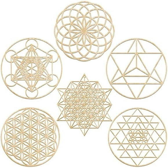 6 Pcs 12 Inch Sacred Geometry Wood Wall Art Set Zen Metatron Cube Home Decor Sri Yantra Merkaba Torus Flower of Life Wall Hanging Sculpture Wooden Crystal Grid Board Pagan Decor 7 Chakra Wall Decor