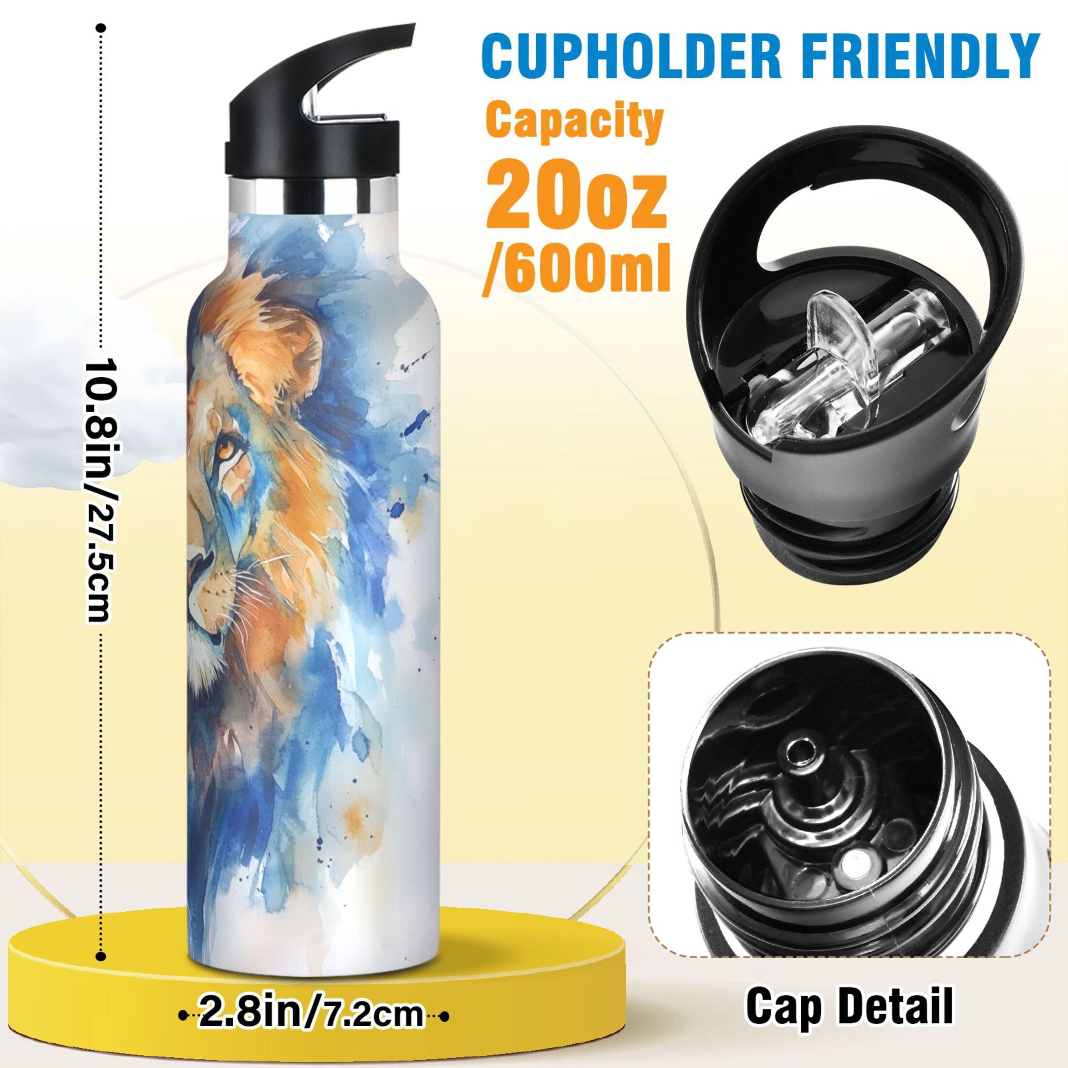 600ML Stainless Steel Insulated Cup Sports Water Bottle Portable Thermos Cup Water Glasses Insulated Tumblers Convenient and Durable Watercolor Lion