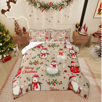 Manfei Kawaii Penguin Animal Full Size Comforter Sets, Christmas Snowman Bedding Comforter Set, Winter Flower Plant Reversible Bedding Sets, Microfiber Bedroom Decor, 3 Pieces