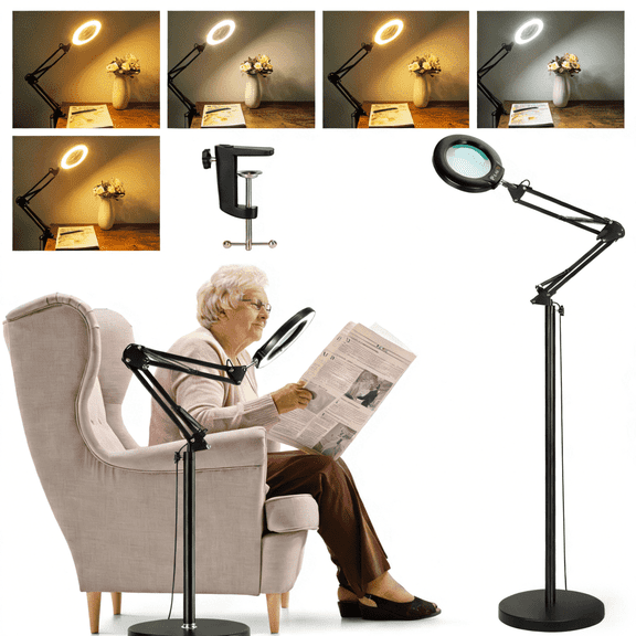 Veemagni Magnifying Glass with Light and Stand, Real Glass Lens, 5 Color Modes, Stepless Dimmable, 3-in-1 Floor Lamp Swing Arm with Clamp, Hands Free for Close Works, Crafts