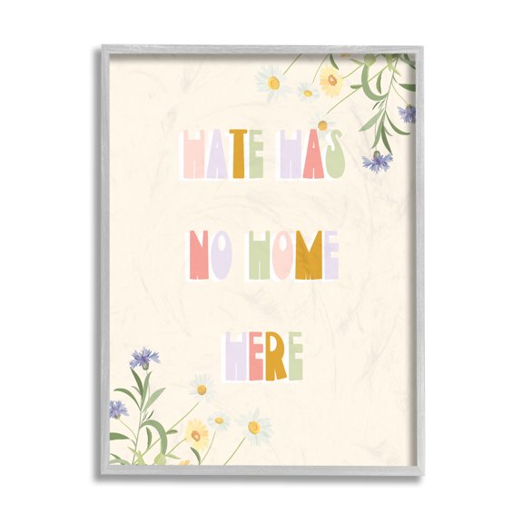 Stupell Industries Hate Has No Home Quote Soft Spring Wildflowers Grey Framed, 16 x 20, Design by Daphne Polselli