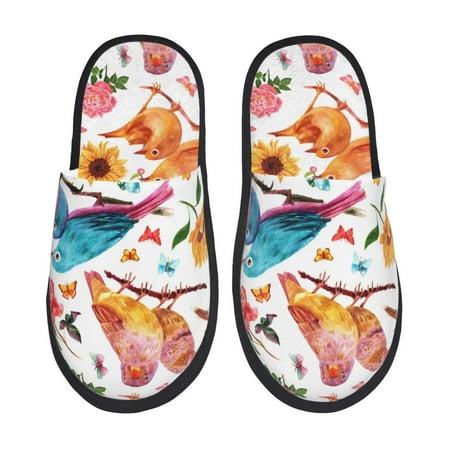 Balery Flowers Birds And Butterflies Slient Indoor Furry Fleece Comfort House Shoes Soft Non-Slip Home Shoes Cotton slippers House Slippers-- Medium