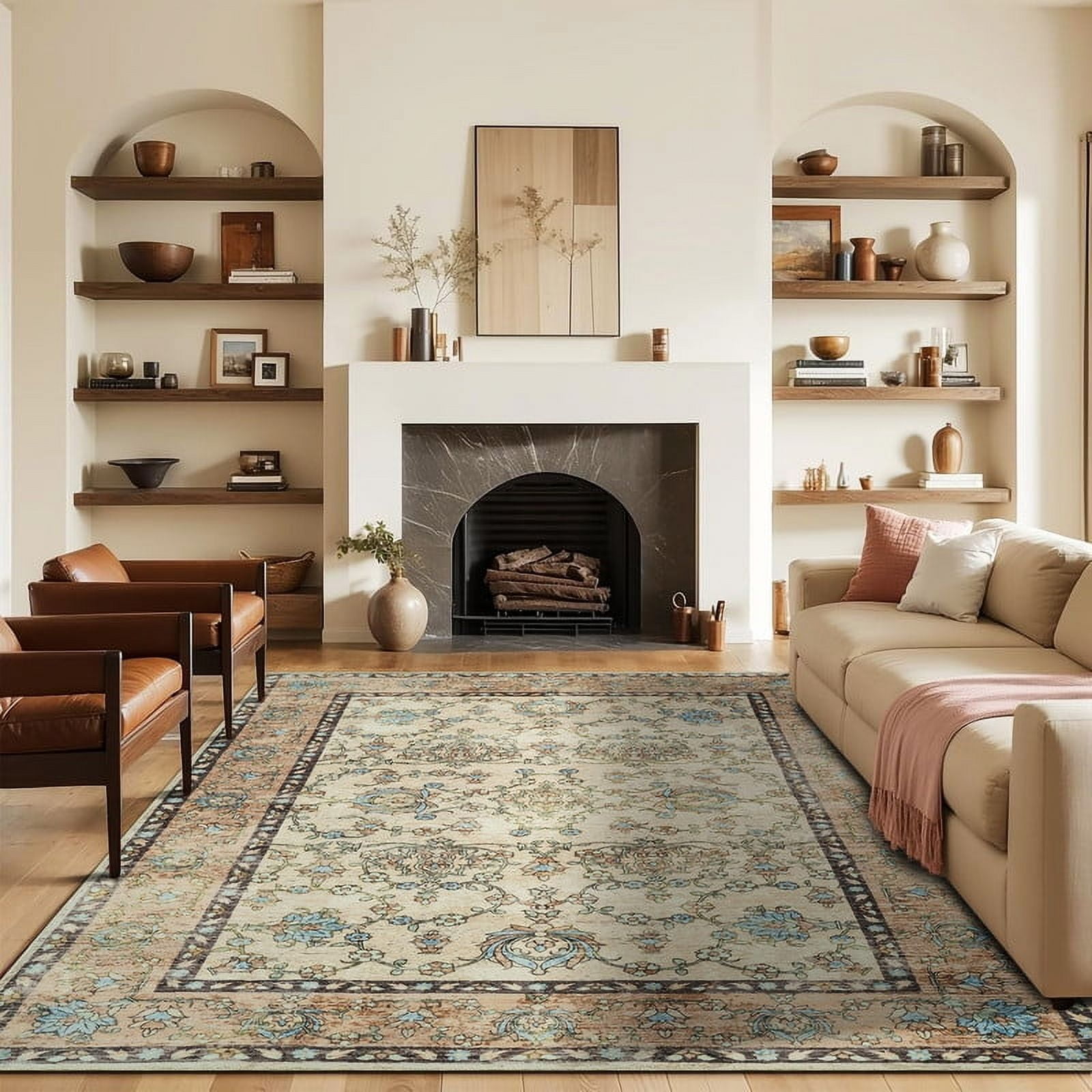 Jamfeel Washable Rugs Ultra-Thin Soft Non-slip Vintage Printed Area Rug Low-Pile Carpet for Living Room Indoor Decor 5'x8' Beige