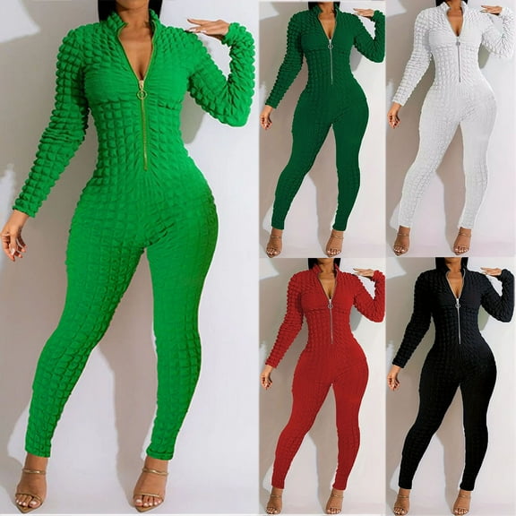 SMihono Bubble Texture Workout Jumpsuit for Women Zip Up Stand Collar Bodycon Romper Fashion Trendy One Piece Long Bodysuit Army Green 8