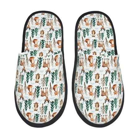 Balery Winter Woodland Friends Slient Indoor Furry Fleece Comfort House Shoes Soft Non-Slip Home Shoes Cotton slippers House Slippers-- Large