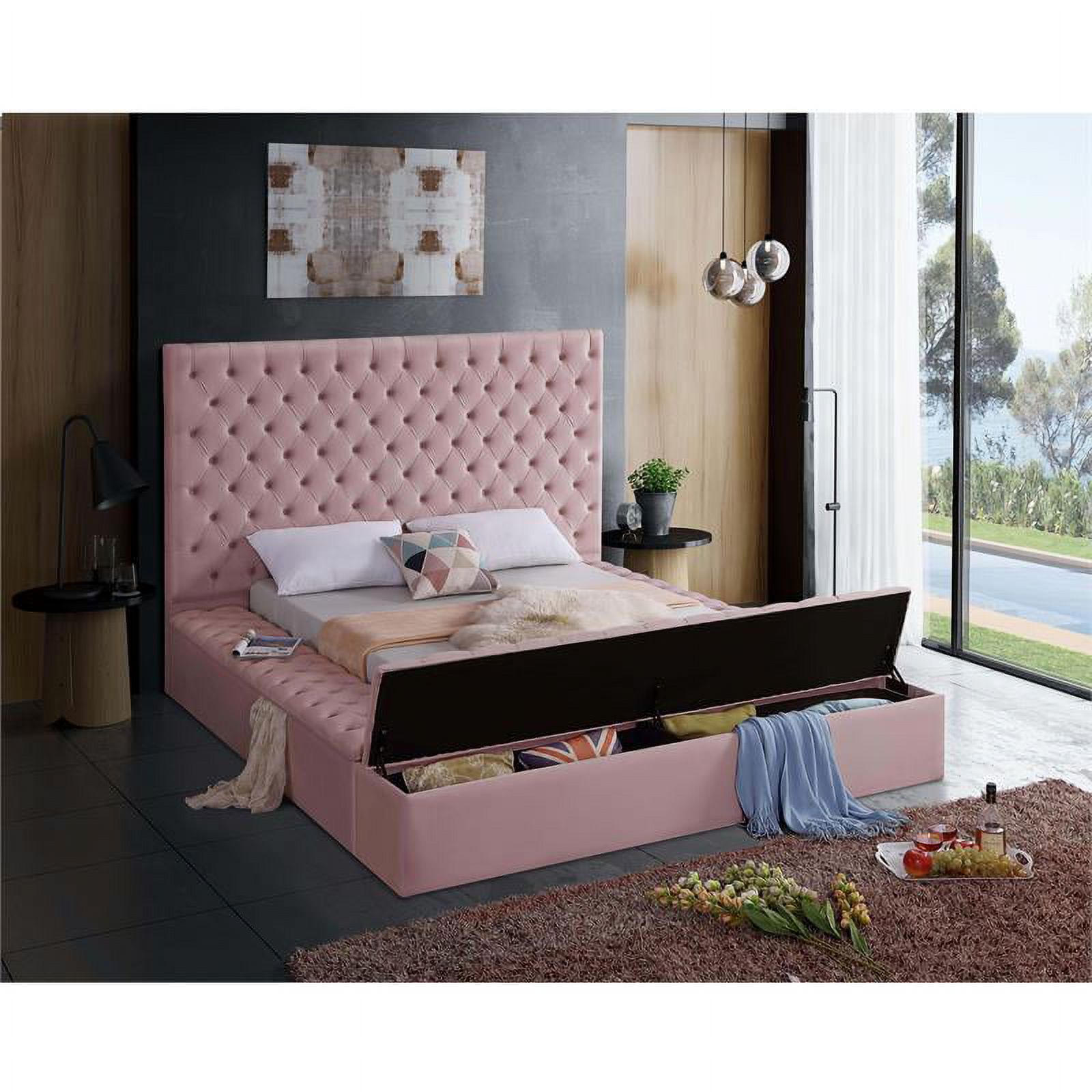 Meridian Furniture Bliss Solid Wood Tufted Velvet King Bed in Pink - image 4 of 6