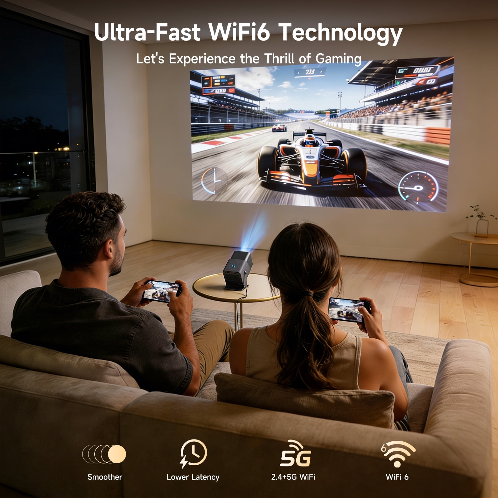 SGV Portable projector with wifi and bluetooth, movie projector, tv projector Smart OS, Auto Keystone, Compatible with TV Stick/HDMI/USB, for Home/Party/Outdoor Use, 350 ANSI, Black