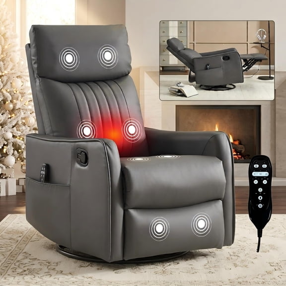 Aukfa Massage Recliner Chair with Heat, Faux Leather 360° Swivel Rocker Recliner, Overstuffed Manual Reclining Glider Chair with Vibration, Gray
