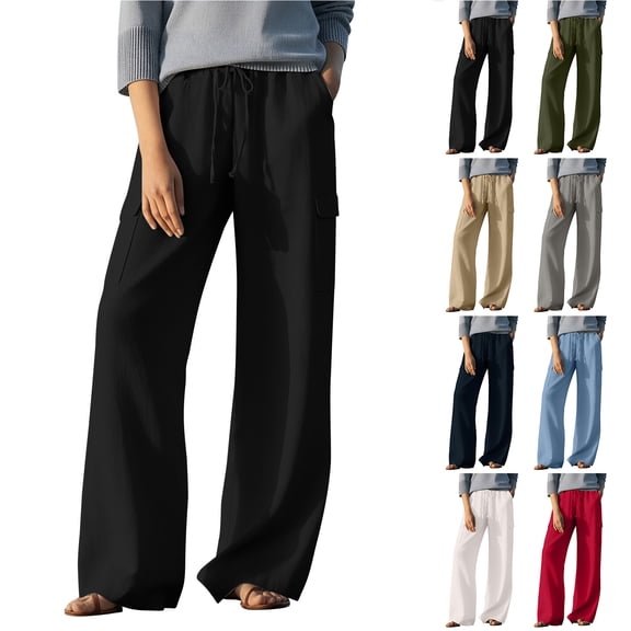 Bloomae Linen Cargo Pants Women Wide Leg Palazzo Trousers Beach Vacation Flowy Drawstring Elastic Waist Petite Dressy Casual Loose Fit Lounge Pants with Pockets Khaki S
