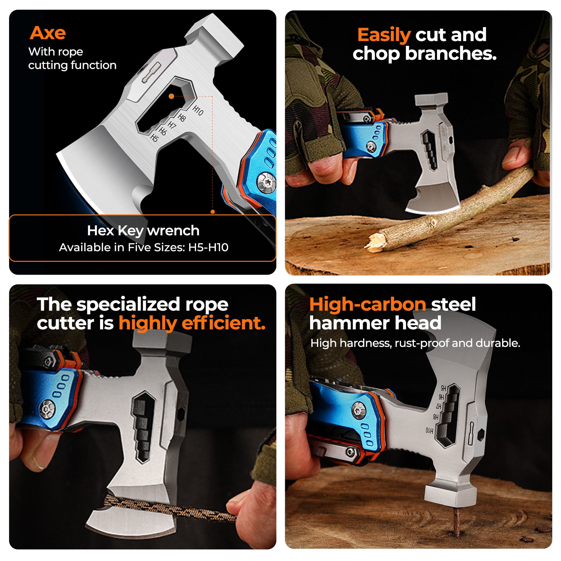 Outdoor Multi-Functional Axe Vehicle-Mounted Hammer Firewood Splitter Tactical Axe Camping Survival Woodcutting Axe Combination Tool-Perfect Gift for Men