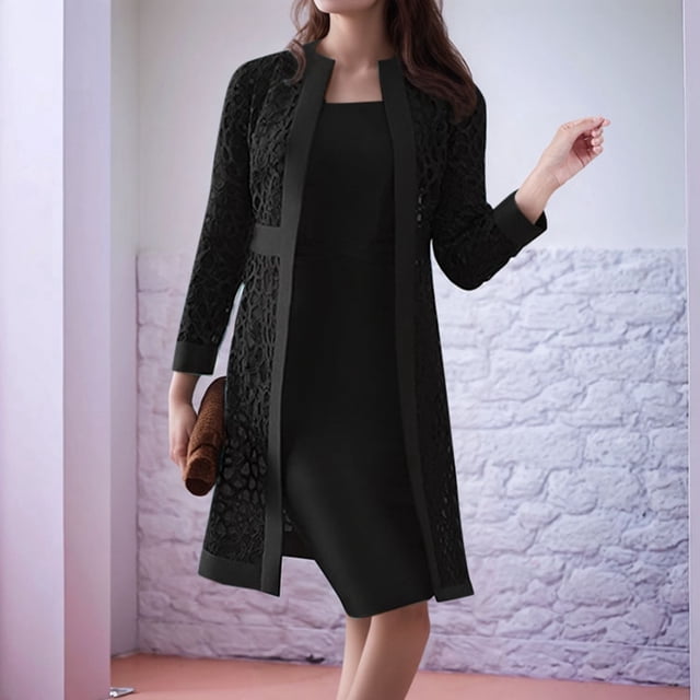 willbest conjunto de cárdigan y vestido de encaje para mujer: elegante y moderno conjunto de dos piezas para ocasiones informales y formales, vestido corto negro de corte recto y cárdigan largo negro de encaje abierto al frente con manga larga y ribetes lisos, vista frontal centrada en interior minimalista; también adecuado como conjunto para cenas y eventos casuales.
