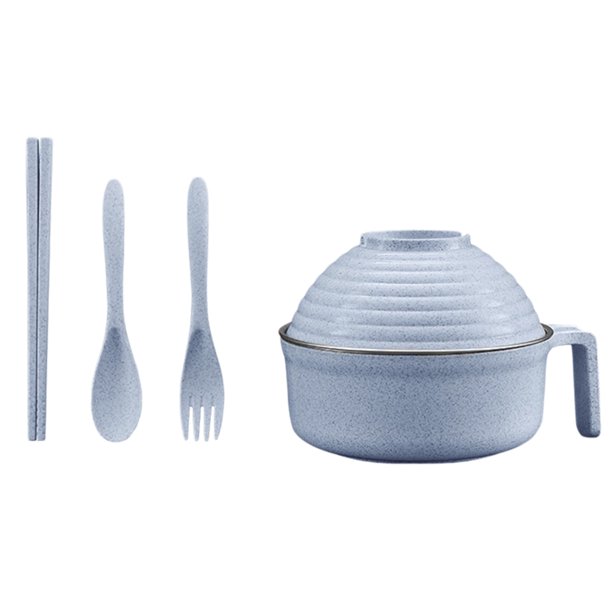 Juego de cuencos para fideos instantáneos, cuenco de paja biodegradable con tapa y asa, juego de utensilios portátil, cuenco para cereales