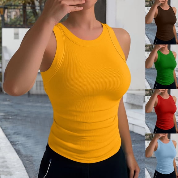 Womens Racerback Ribbed Tank Tops Crewneck Sleeveless Shirts High Neck Thick Strap Slim Fit Tunic Crop Tops Blue L