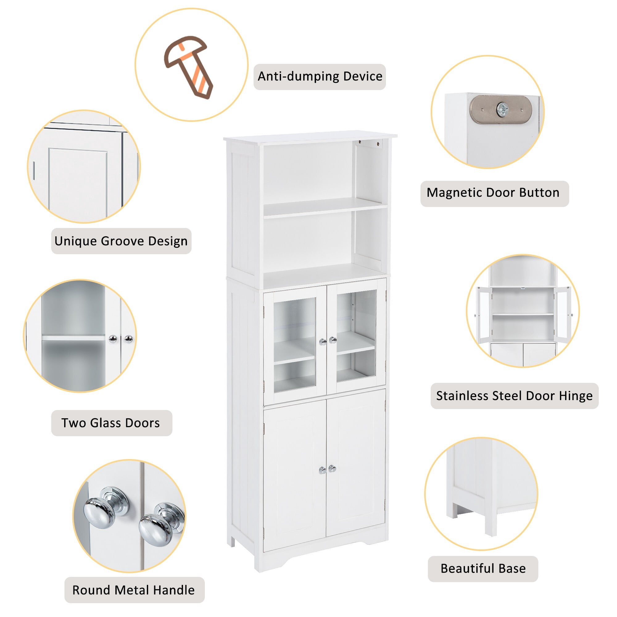 AENKYO Tall Storage Cabinet with Adjustable Shelves, Glass Doors, and Open Shelves, Bathroom or Kitchen, White
